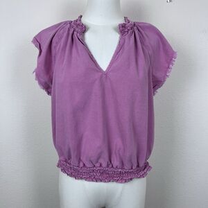 Anthropologie Cloth and Stone Top Womens Medium V Neck Smocked Boho Peasant Pink